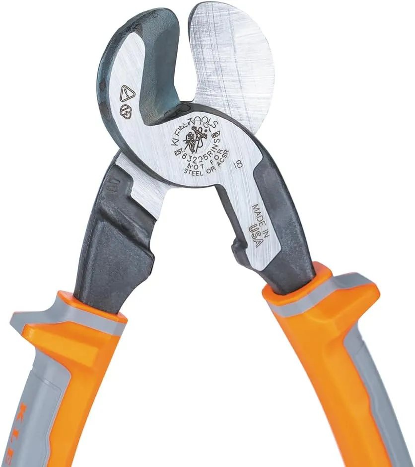 Klein Tools 63225RINS Insulated High-Leverage Precision Cable Cutter, Made in USA, for Aluminum, Copper and Communications Cable, 9-Inch