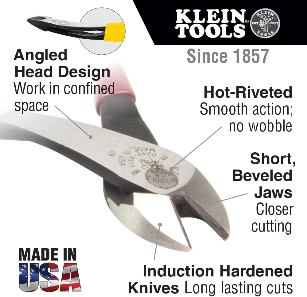 Klein Tools D248-8 Pliers, Made in USA, Diagonal Cutting Multi-Purpose Pliers with Angled Head, High-Leverage Design, and Short Jaw, 8-Inch