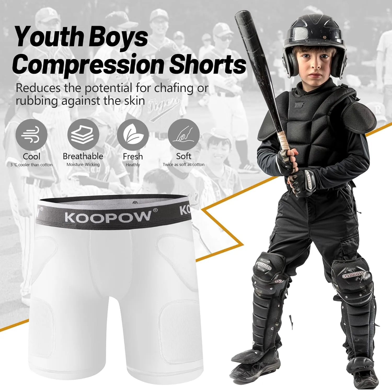 KOOPOW Youth Boys Padded Sliding Shorts Slider Pad with Soft Protective Athletic Cup for Baseball, Football, Lacrosse