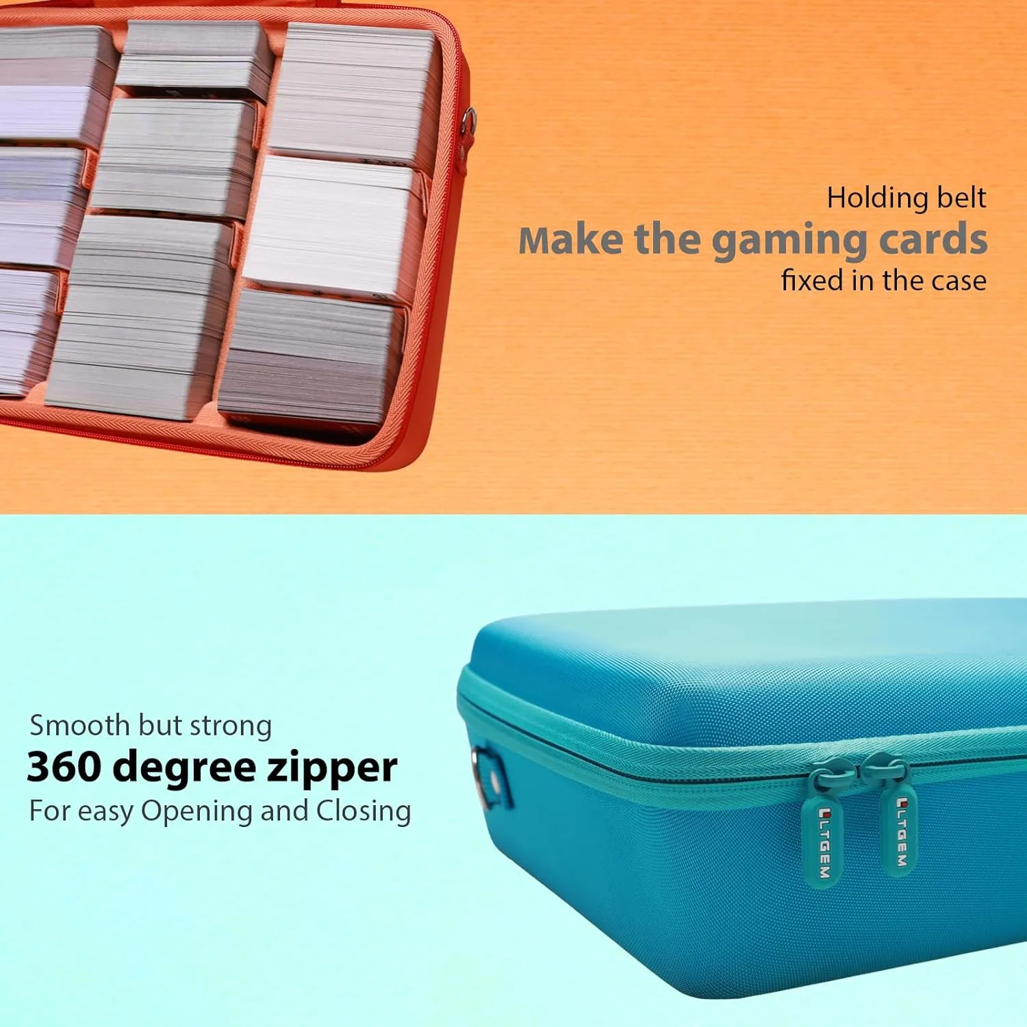 L LTGEM Card Game Case Compatible with Cards Against Humanity/Magic the Gathering/UNO/Pokemen/Baseball/Football Cards 3000 , Trading Card Storage Box with 6 Dividers and Shoulder Strap, Orange