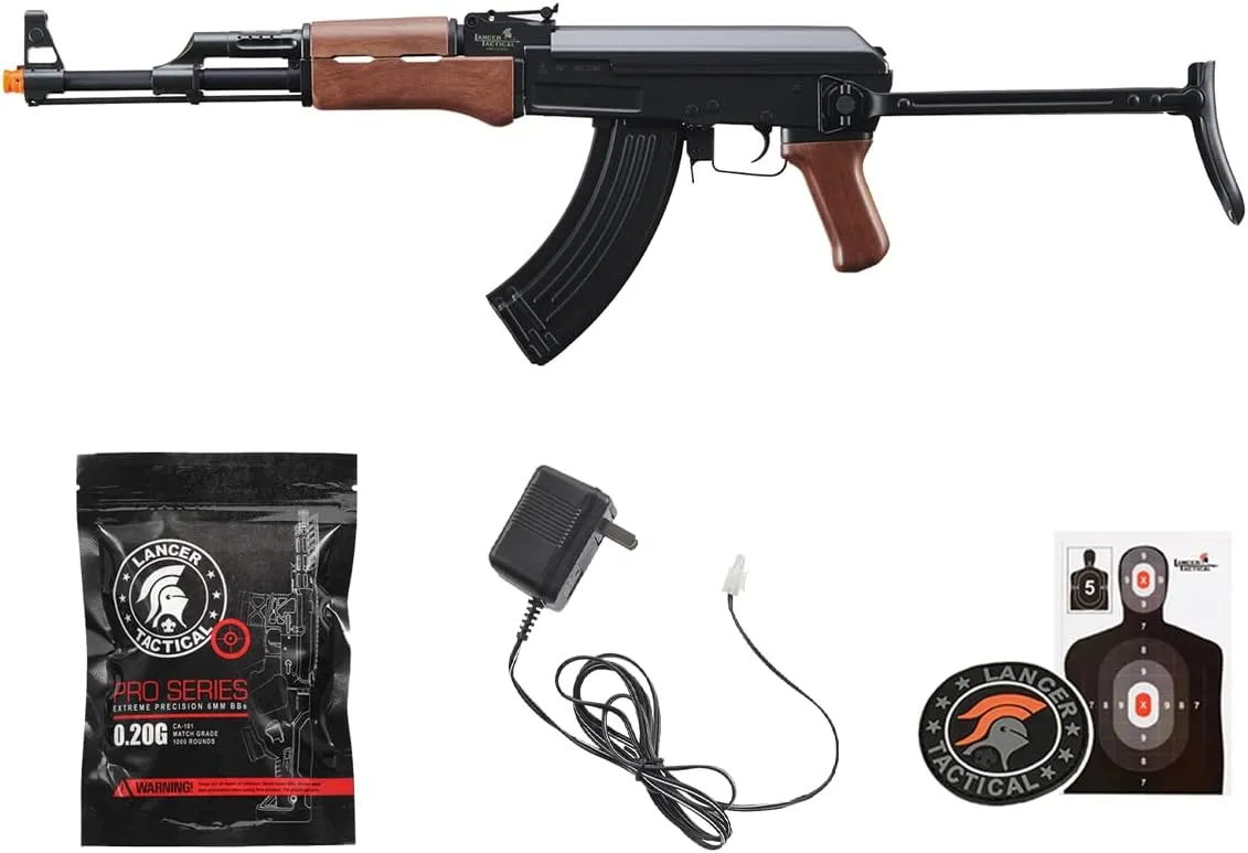Lancer Tactical AK47 AEG Airsoft Rifle with Folding Stock Gen 1 LT-728- Full Metal, High FPS, Battery and Charger Included (Black/Faux Wood) - 600 Round