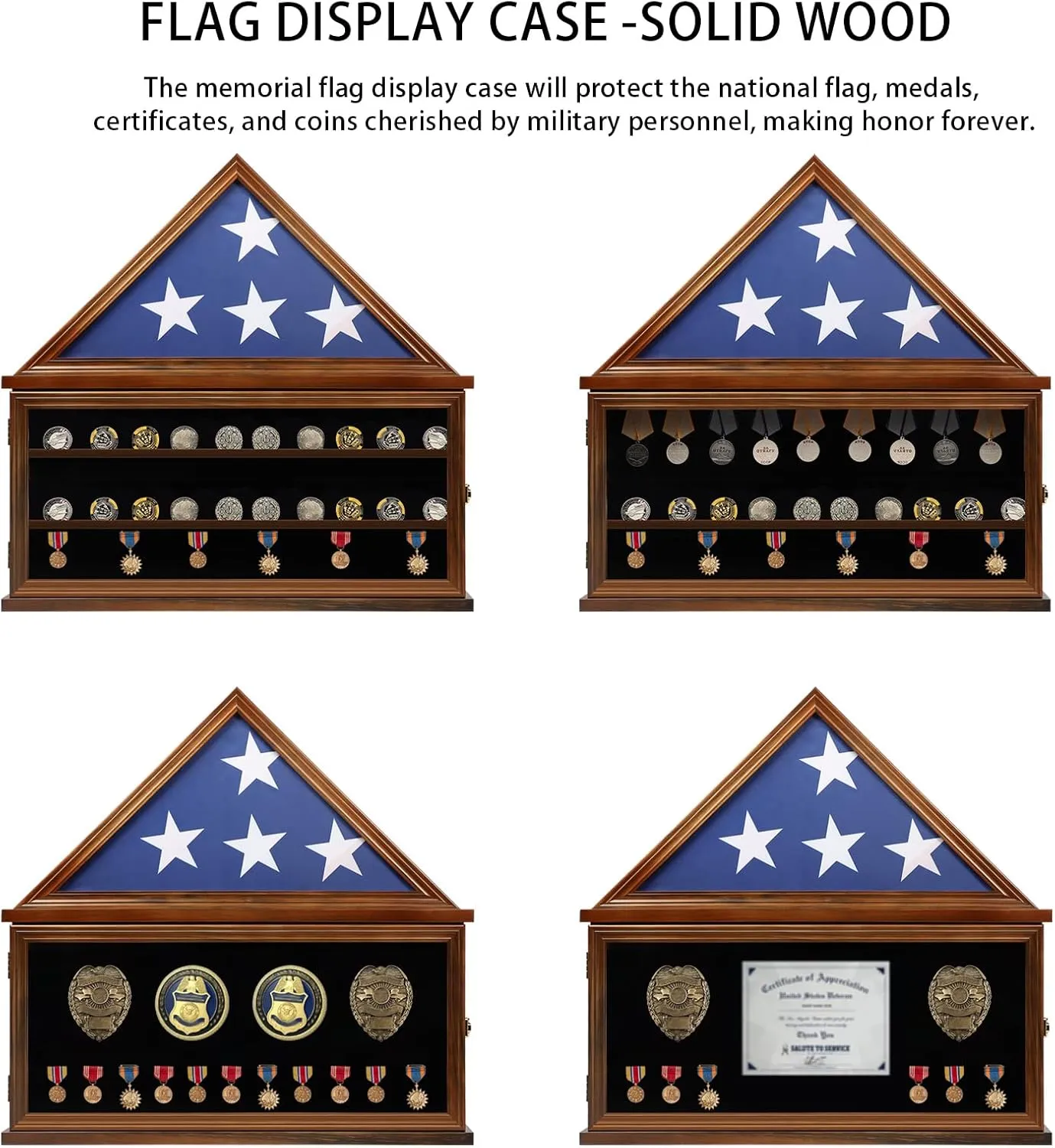 Large Burial Flag Display Case Fits a 5 X 9.5 Flag Folded with Certificate Holder- Lockable Military Display Case Solid Wood with Removable Double Grooves Shelves for Challenge Coins, Walnut