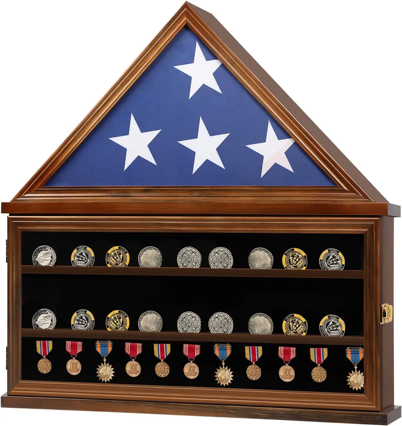 Large Burial Flag Display Case Fits a 5 X 9.5 Flag Folded with Certificate Holder- Lockable Military Display Case Solid Wood with Removable Double Grooves Shelves for Challenge Coins, Walnut