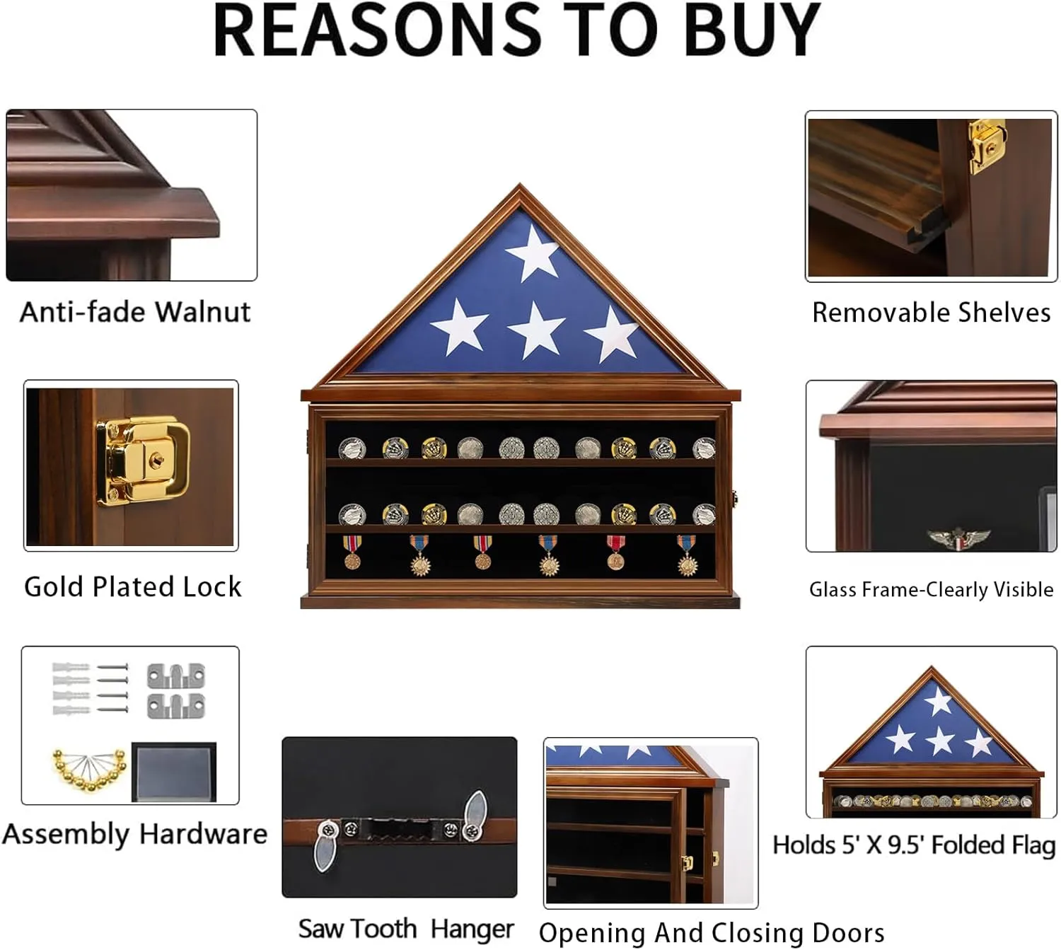 Large Burial Flag Display Case Fits a 5 X 9.5 Flag Folded with Certificate Holder- Lockable Military Display Case Solid Wood with Removable Double Grooves Shelves for Challenge Coins, Walnut
