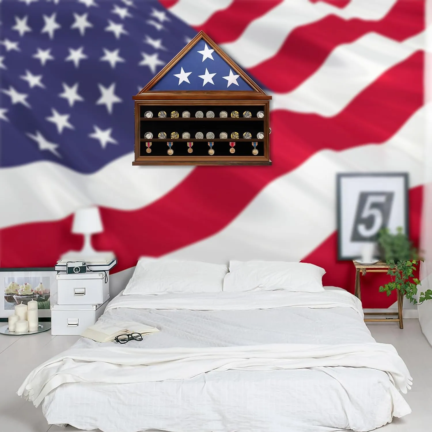 Large Burial Flag Display Case Fits a 5 X 9.5 Flag Folded with Certificate Holder- Lockable Military Display Case Solid Wood with Removable Double Grooves Shelves for Challenge Coins, Walnut