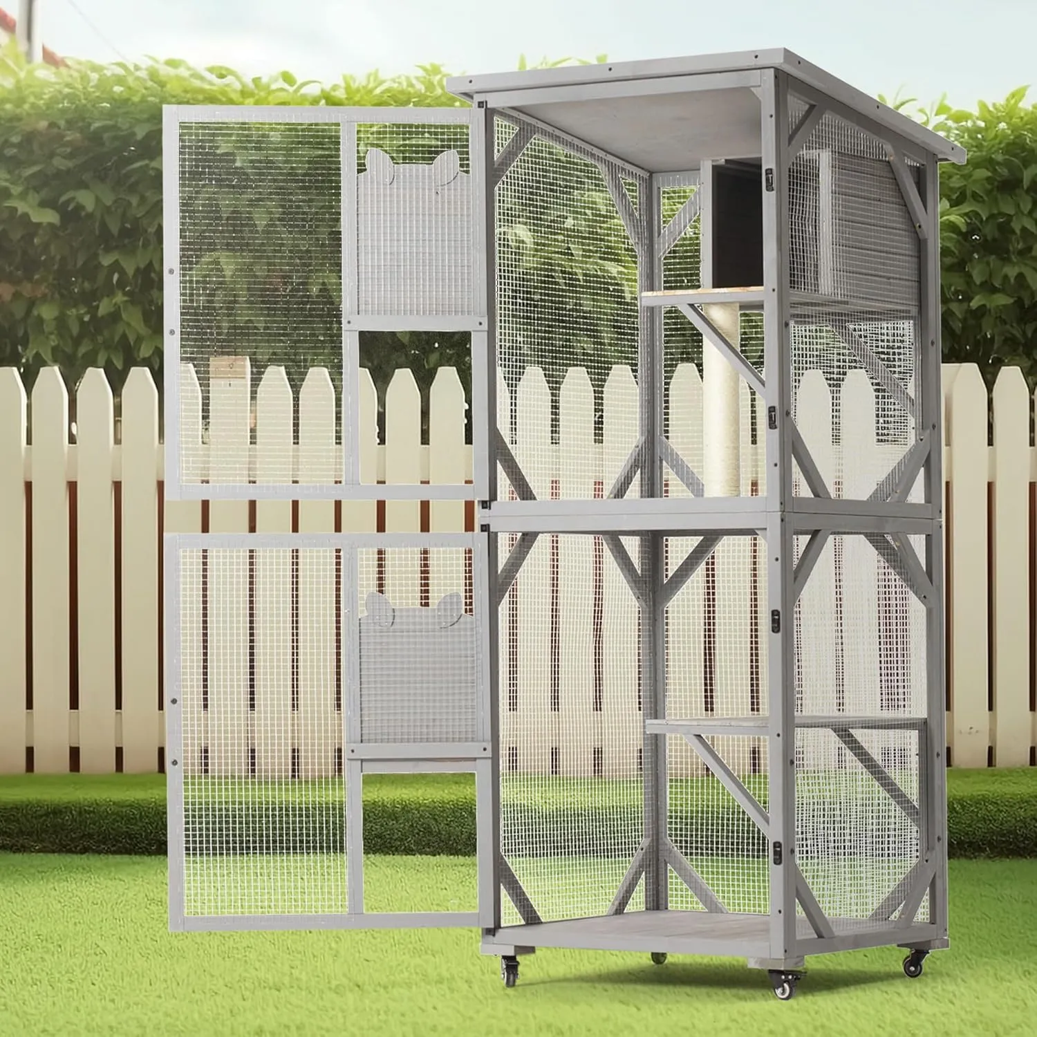 Large Cat House Outdoor Catio Cat Enclosures on Wheels,70.9" Kitty House with Upgraded Resting Box Waterproof Roof