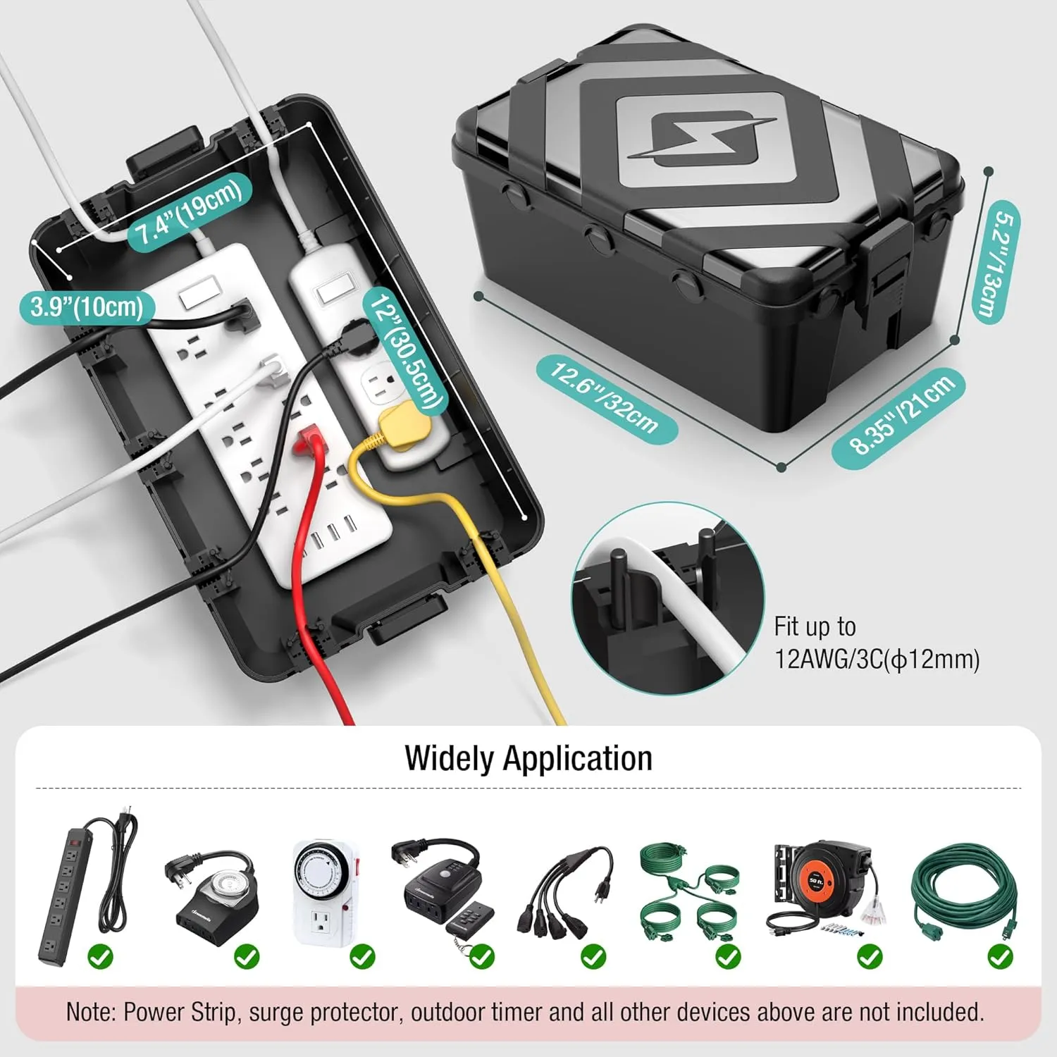 Large Outdoor Electrical Box (12.5x8.5x5 Inch), IP54 Waterproof Extension Cord Cover, Weatherproof Connection Box w/7 Cable Entry, Protect Outlet,Plug,Timer,Power Strip,Holiday Lights, Black