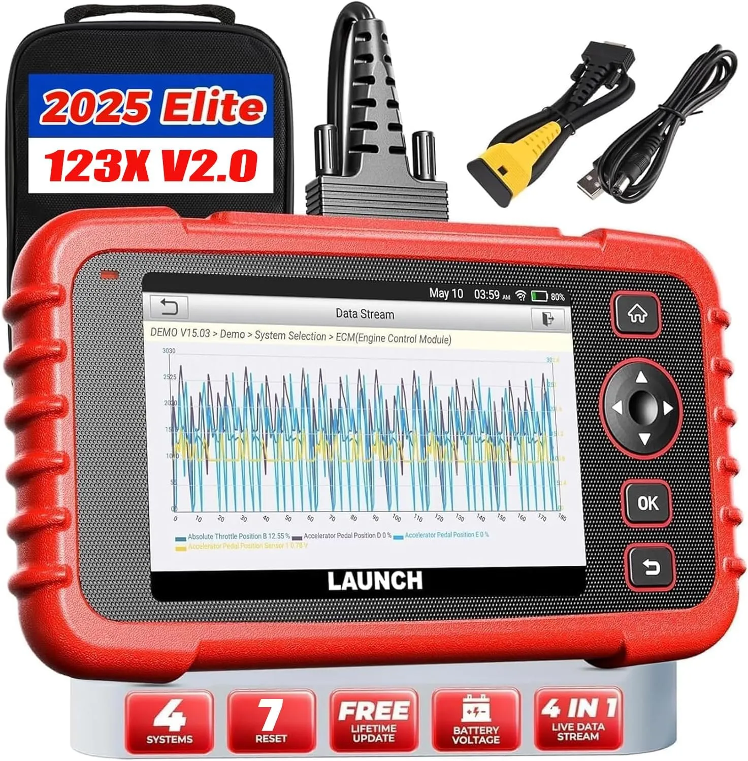 LAUNCH OBD2 Scanner CRP123X V2.0 Elite Car Scanner, 2025 Lifetime Free Update Diagnostic Scan Tool with SAS/Throttle Reset, ABS SRS Transmission Car Check Engine Code Reader, Auto VIN, Battery Test