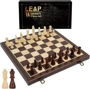 LEAP 15 inch Wooden Folding Chess / 3 inch King Height Chess Pieces, Portable Travel Chess Board Folding Board - Artificial Ebony & Maple Inlay