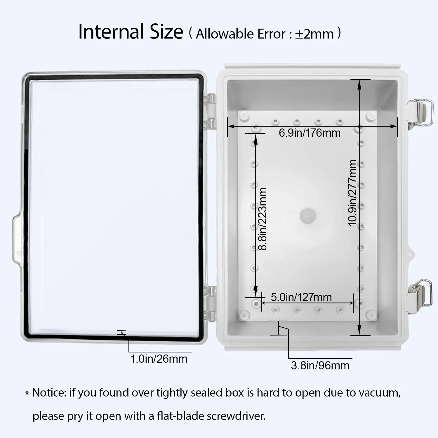 LeMotech Electrical Box, IP67 Waterproof Hinged Clear Cover Stainless Steel Latch Junction Box, ABS Plastic Electrical Enclosure with Mounting Plate,Wall Brackets, Cable Glands,11.8"x7.7"x5.2",Grey