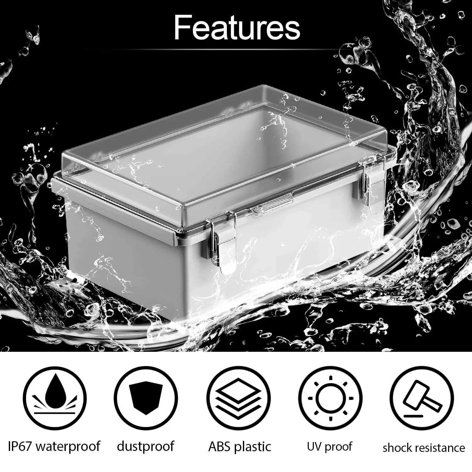 LeMotech Electrical Box, IP67 Waterproof Hinged Clear Cover Stainless Steel Latch Junction Box, ABS Plastic Electrical Enclosure with Mounting Plate,Wall Brackets, Cable Glands,11.8"x7.7"x5.2",Grey