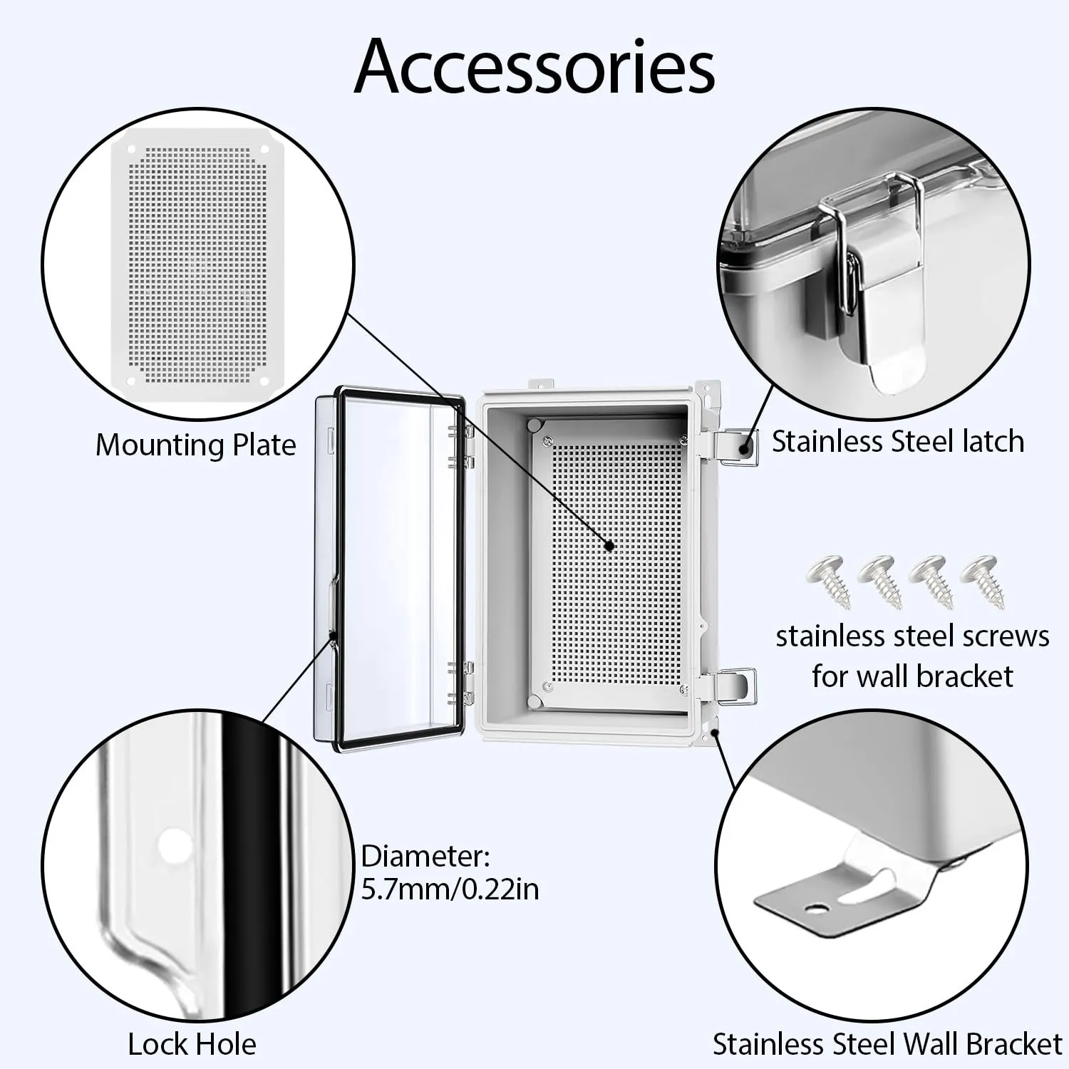 LeMotech Electrical Box, IP67 Waterproof Hinged Clear Cover Stainless Steel Latch Junction Box, ABS Plastic Electrical Enclosure with Mounting Plate,Wall Brackets, Cable Glands,11.8"x7.7"x5.2",Grey