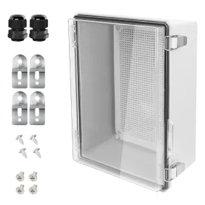 LeMotech Electrical Box, IP67 Waterproof Hinged Clear Cover Stainless Steel Latch Junction Box, ABS Plastic Electrical Enclosure with Mounting Plate,Wall Brackets, Cable Glands,11.8"x7.7"x5.2",Grey