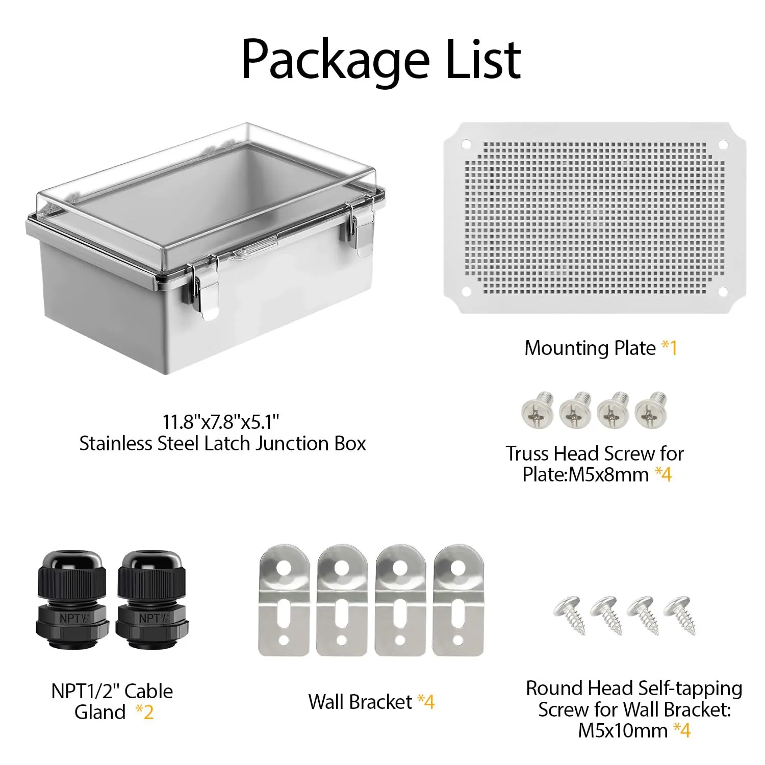 LeMotech Electrical Box, IP67 Waterproof Hinged Clear Cover Stainless Steel Latch Junction Box, ABS Plastic Electrical Enclosure with Mounting Plate,Wall Brackets, Cable Glands,11.8"x7.7"x5.2",Grey