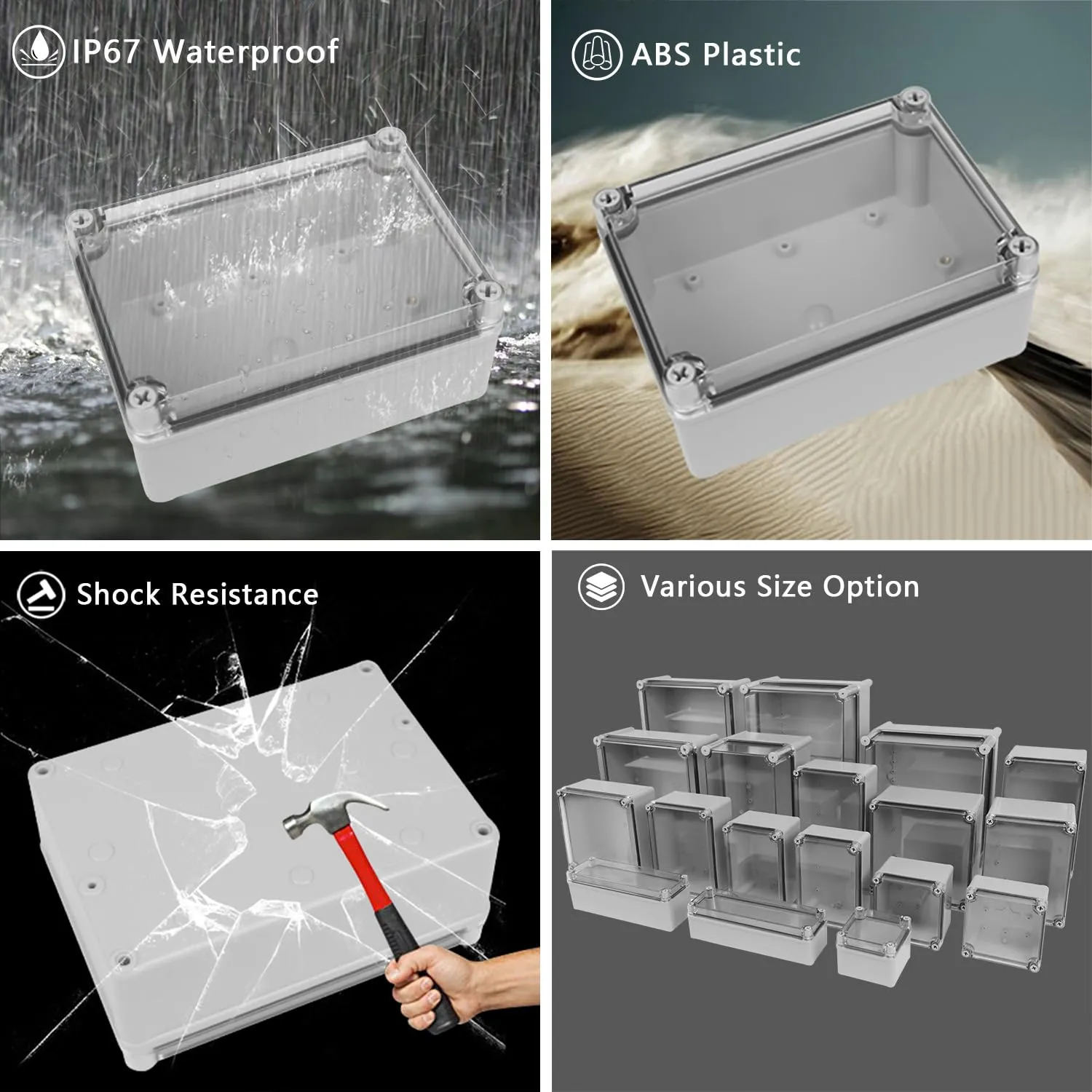 LeMotech Junction Box IP67 Waterproof Dustproof Electrical Box Project Box DIY Enclosure Gray with Transparent Clear Cover, External Size 7.9x5.9x5.1in (200x150x130mm)