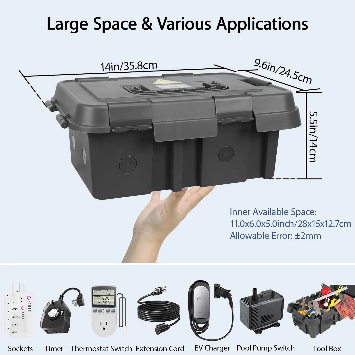 LeMotech Outdoor Electrical Box, Large IP55 Waterproof Connection Box with Handle, Extension Cord Cover w/8 Cable Seal Entry,for Outlet,Pool Pump,Timer,Power Strips,Holiday Light Decoration, Black