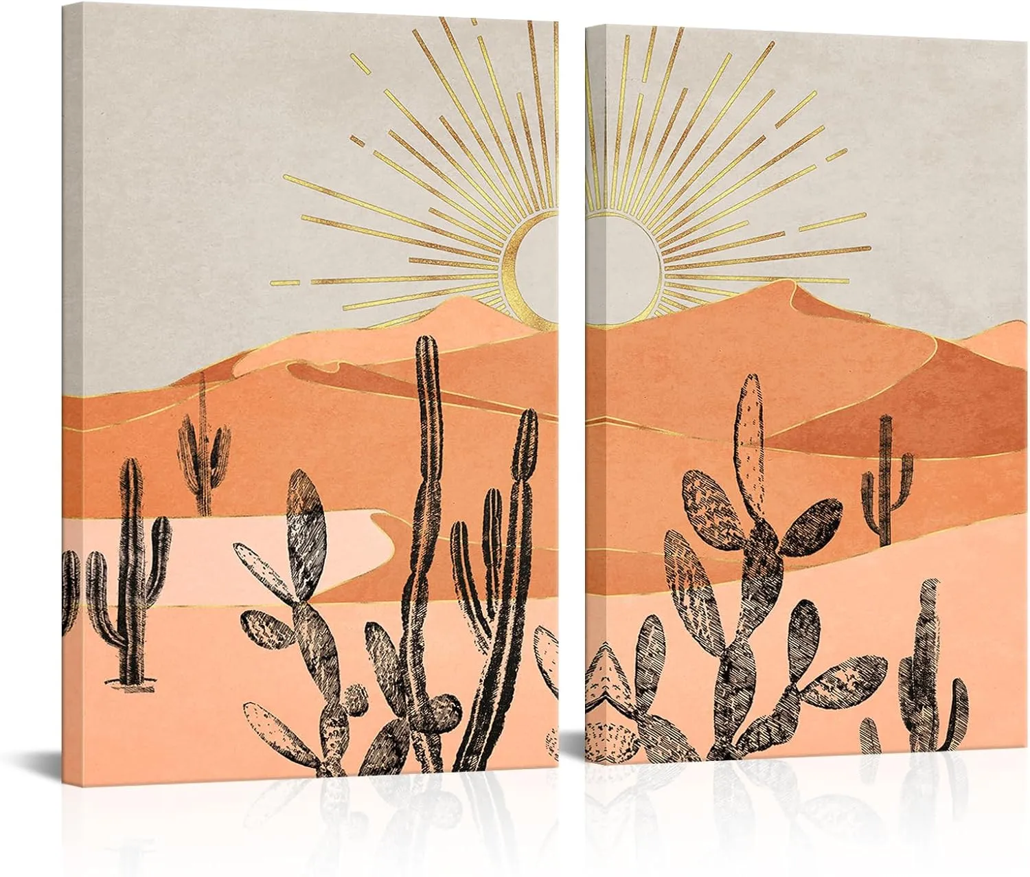 LevvArts Boho Wall Art Canvas Cactus Desert Mountain Range Painting Prints Modern Southwest Boho Cactus Wall Decor - 16"x24"x2PCS (Orange)