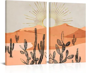 LevvArts Boho Wall Art Canvas Cactus Desert Mountain Range Painting Prints Modern Southwest Boho Cactus Wall Decor - 16"x24"x2PCS (Orange)
