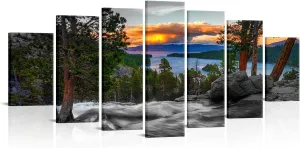 LevvArts California Sunset Picture Wall Art Emerald Bay Lake Tahoe Landscape Canvas Print USA Nature Scenery Poster Artwork Huge 7 Pieces