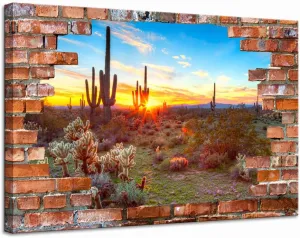 LevvArts Modern Canvas Wall Art Saguaros at Sunset Landscape Poster Canvas Arizona Sonoran Desert Pictures with Brick Wall Background Painting Artwork Vintage Bedroom Apartment Decor Framed