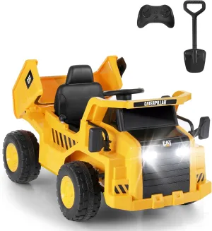 Licensed Caterpillar 12V 7AH Ride on Dump Truck, Kids Electric Cars with Remote Control, Dump Bed, Shovel, LED Lights, Bluetooth/MP3/USB, Battery Powered Cars for Kids to Drive