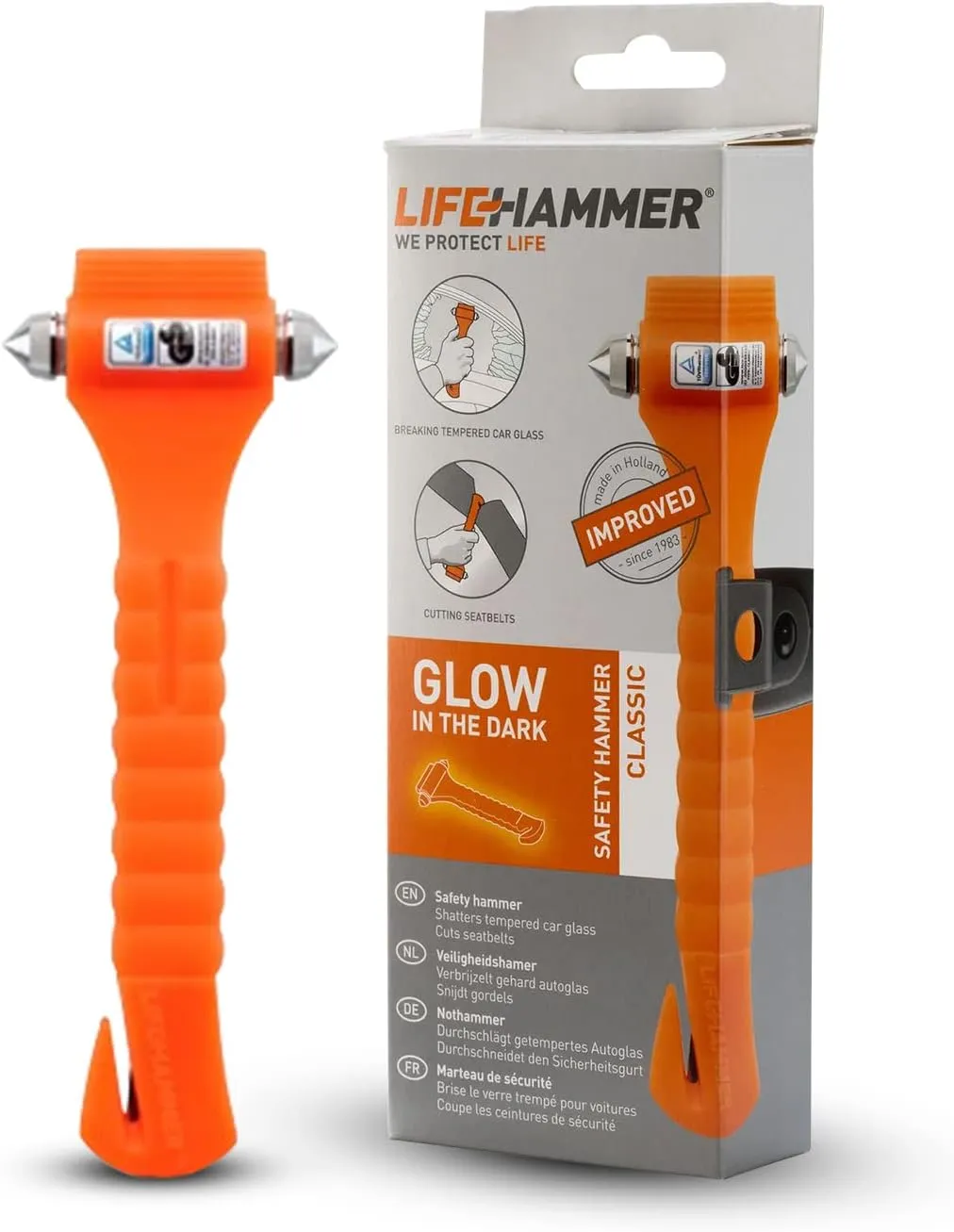 Lifehammer Brand Safety Hammer, the Original Emergency Escape and Rescue Tool with Seatbelt Cutter, Made in the Netherlands, Glow Orange