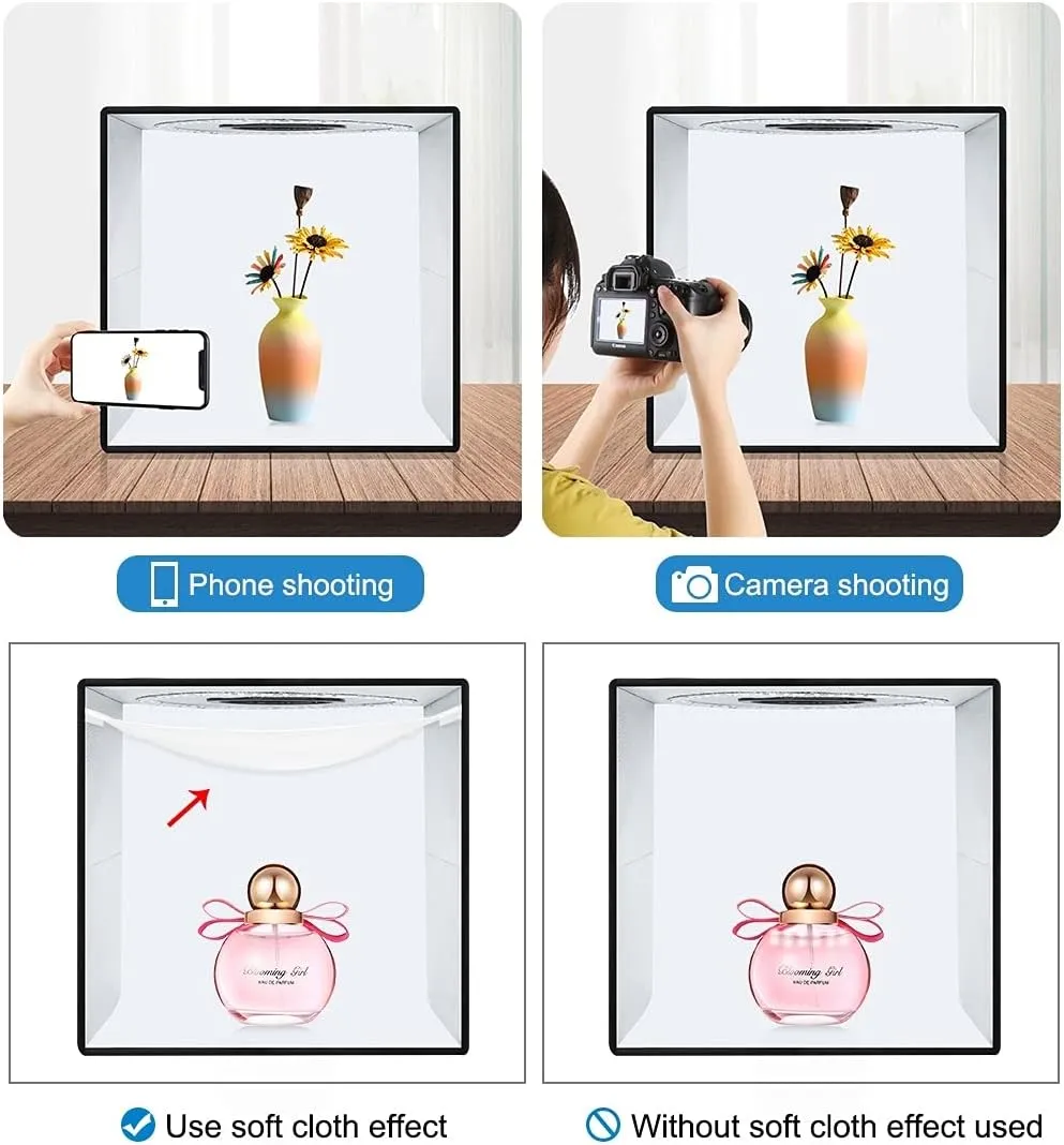 Lightbox, PULUZ 15.8"/40cm Photo Studio Light Box,Adjustable Brightness Portable Picture Box with Led Lights and 12 Colors Photography Backdrops, Light Box for Product Photography