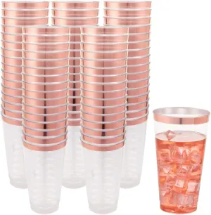 LIYH 100 Pcs Rose Gold Plastic Cups 16 oz - Clear Plastic Tumblers Rose Gold Rimmed Cups Fancy Disposable Wedding Cup Elegant Party Drinking Cup 480ml