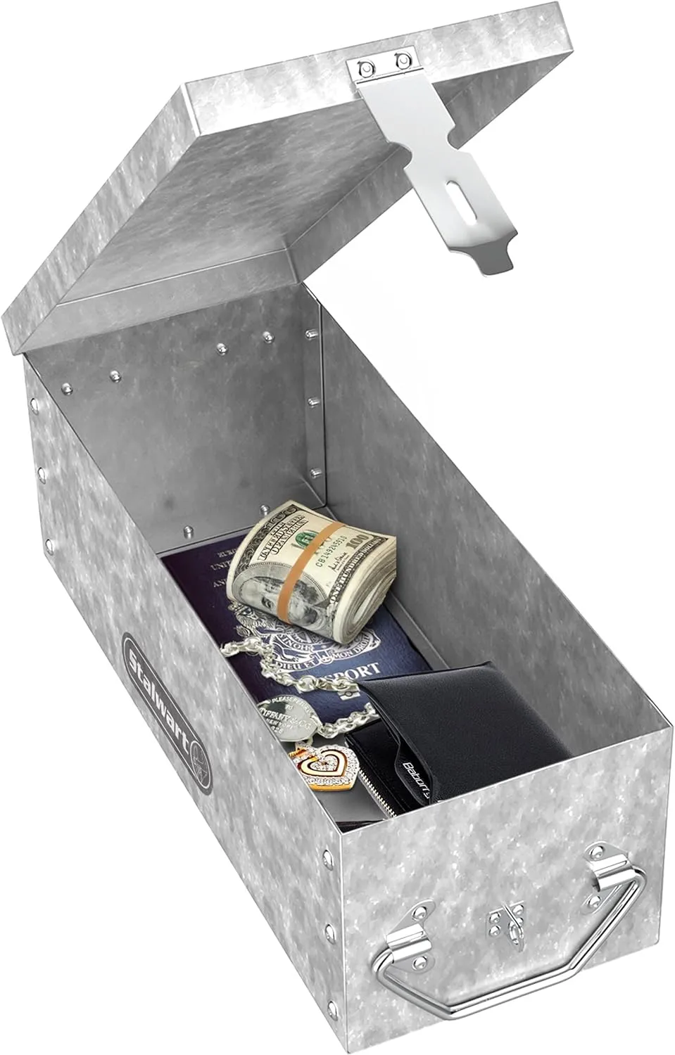 Lock Box with Folding Handle - Durable Metal Storage Chest with Stackable Design to Secure Valuables, Cash, Jewelry, and Weapons by Stalwart (Silver)