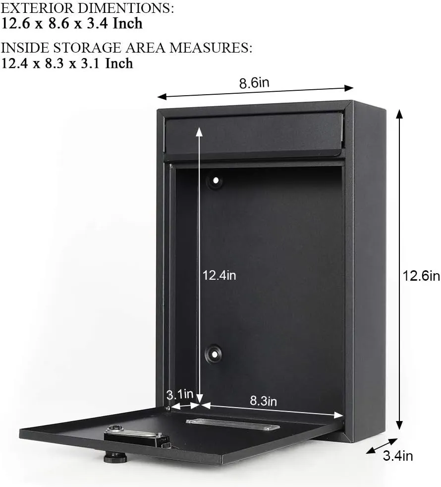 Lockable Mailboxes with Combination,safes,Outdoor Wall Mounted Mail Box with Large Capacity,12.6 x 8.46 x 3.35 Inch, Black (Medium, Black with Combination Lock)
