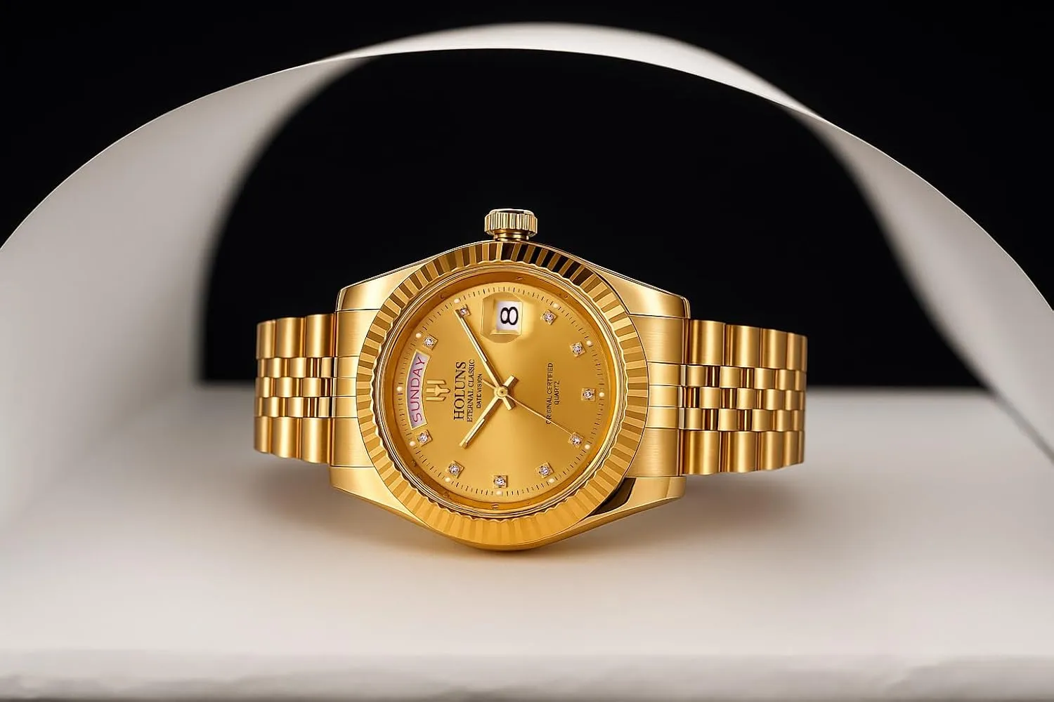 LOREO Mens Quartz Gold Watch Diamond Dial Stainless Steel Bracelet Sapphire Glass Dress Classic Date Waterproof Watches