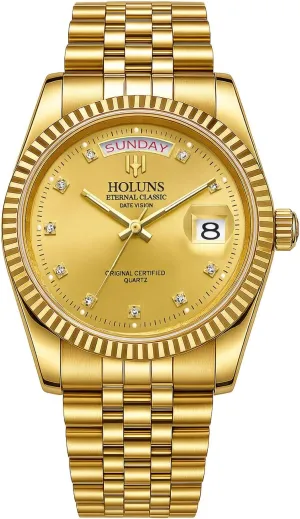 LOREO Mens Quartz Gold Watch Diamond Dial Stainless Steel Bracelet Sapphire Glass Dress Classic Date Waterproof Watches