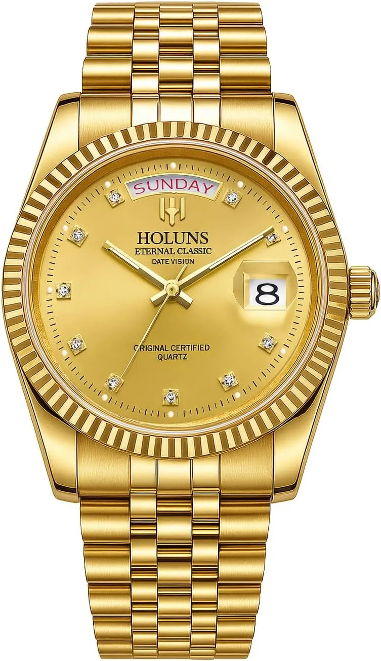 LOREO Mens Quartz Gold Watch Diamond Dial Stainless Steel Bracelet Sapphire Glass Dress Classic Date Waterproof Watches