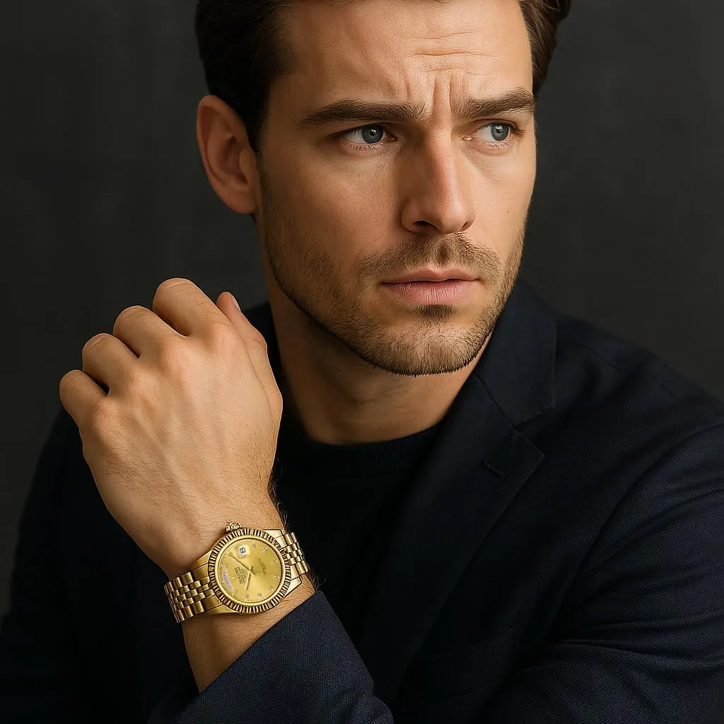 LOREO Mens Quartz Gold Watch Diamond Dial Stainless Steel Bracelet Sapphire Glass Dress Classic Date Waterproof Watches
