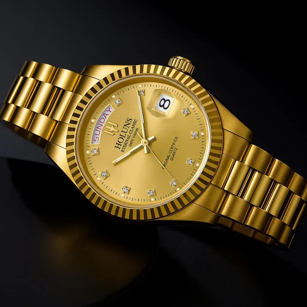 LOREO Mens Quartz Gold Watch Diamond Dial Stainless Steel Bracelet Sapphire Glass Dress Classic Date Waterproof Watches