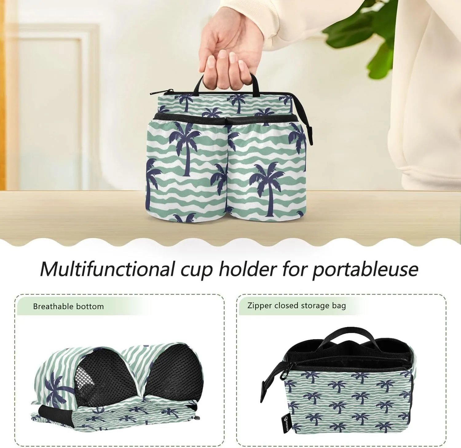 Luggage Cup Holder for Suitcases - Free Hands Travel Drink Caddy With Handle - Portable Bag Carrier - Beach Coconut Tree Design
