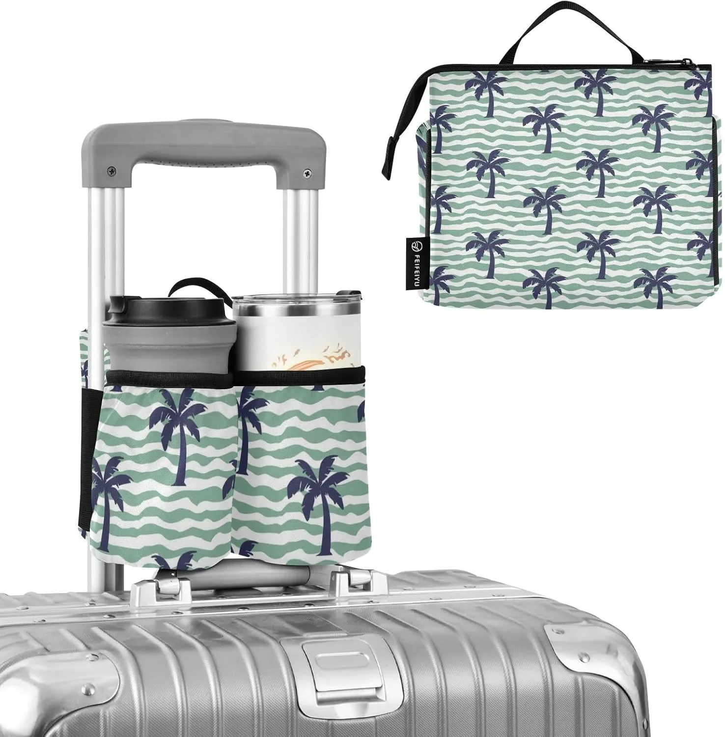 Luggage Cup Holder for Suitcases - Free Hands Travel Drink Caddy With Handle - Portable Bag Carrier - Beach Coconut Tree Design