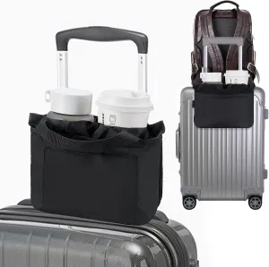 Luggage Drink Caddy - Multifunctional Travel Cup Holder - Fits Suitcase Handles, Also, Automotive and Stroller Cup Holder, Travel Accessories (Black)