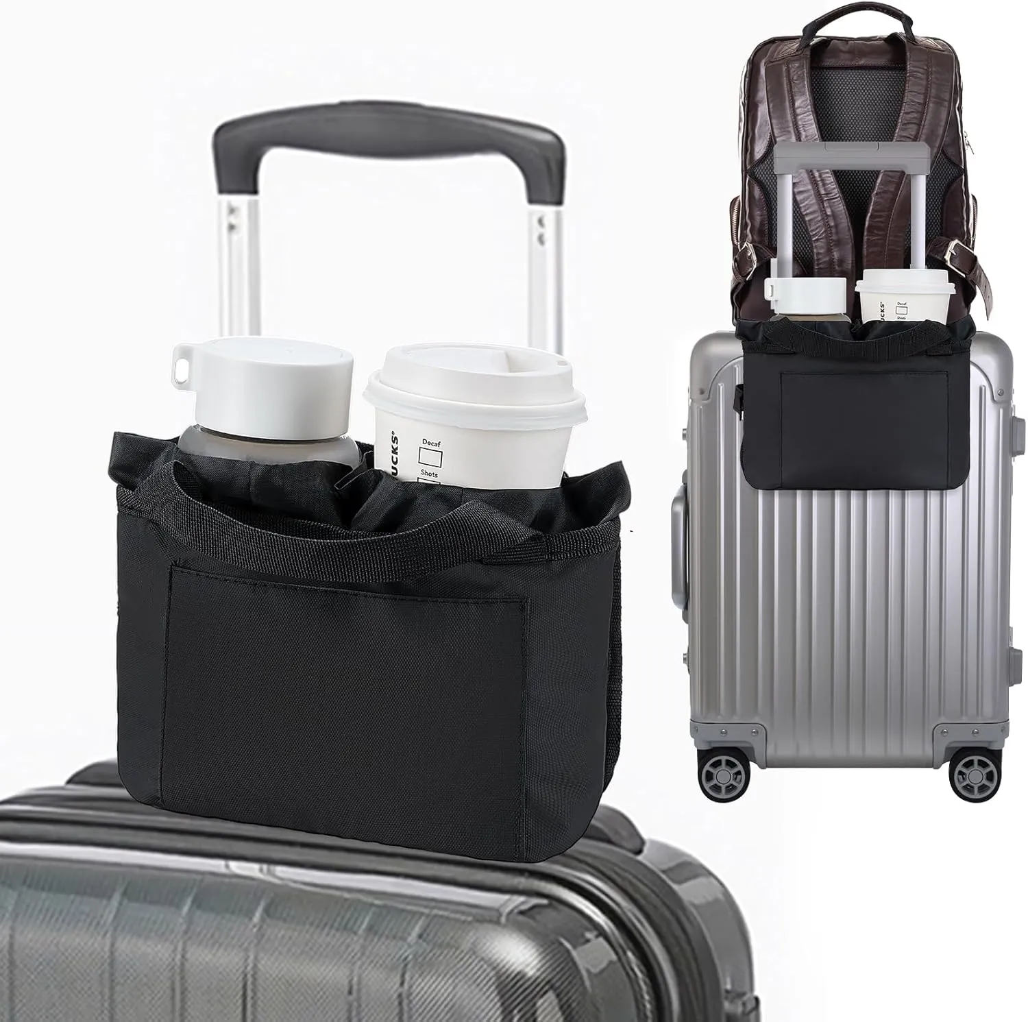 Luggage Drink Caddy - Multifunctional Travel Cup Holder - Fits Suitcase Handles, Also, Automotive and Stroller Cup Holder, Travel Accessories (Black)