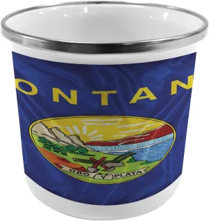 Lunarable American Steel Camping Mug, Montana Flag with a Plow Shovel Pick Rest in a Field by Missouri River, Printed Thermal Cup for Camping and Outdoor Activities, Navy Blue Multicolor