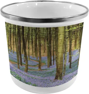 Lunarable Forest Metal Camping Cup, Curving Path Through Deep Forest with Lavenders Spring Road Scenery, Stainless Steel Mug for Indoor and Outdoor Activities, Green Purple Brown