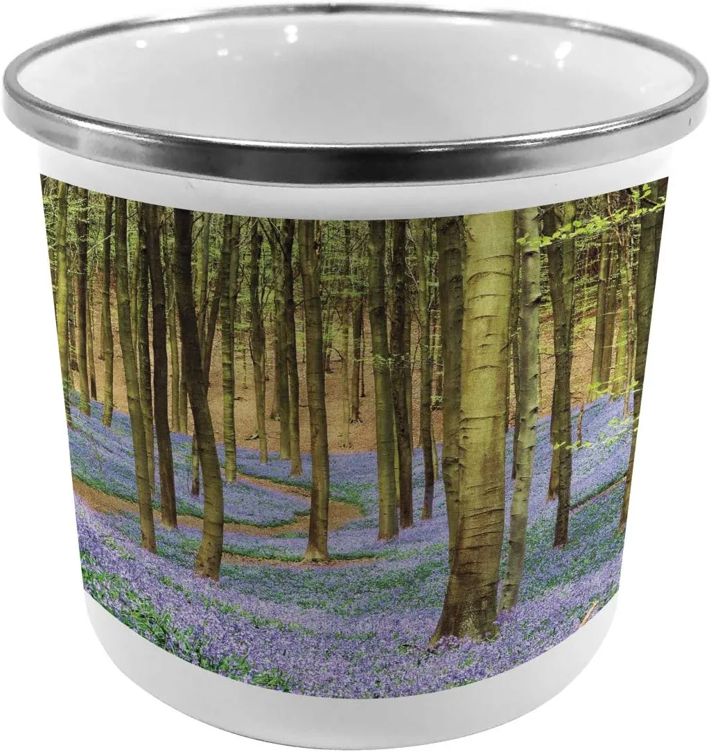 Lunarable Forest Metal Camping Cup, Curving Path Through Deep Forest with Lavenders Spring Road Scenery, Stainless Steel Mug for Indoor and Outdoor Activities, Green Purple Brown