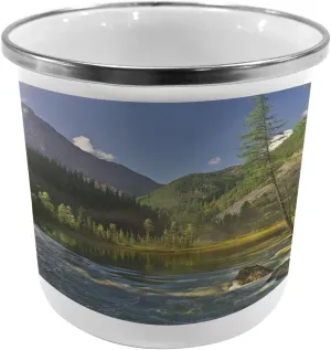 Lunarable Landscape Metal Camping Cup, Mountain Lake West Siberia Altai Mountains Katun Ridge Alpine Forest Morning View, Stainless Steel Mug for Indoor and Outdoor Activities, Green Blue