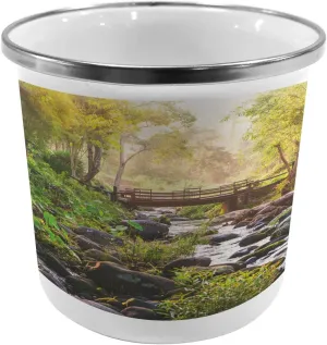 Lunarable Landscape Metal Camping Cup, Small Waterfall in Deep Forest Thailand Sunlight Morning Nature Scenery, Stainless Steel Mug for Indoor and Outdoor Activities, Green Grey Brown