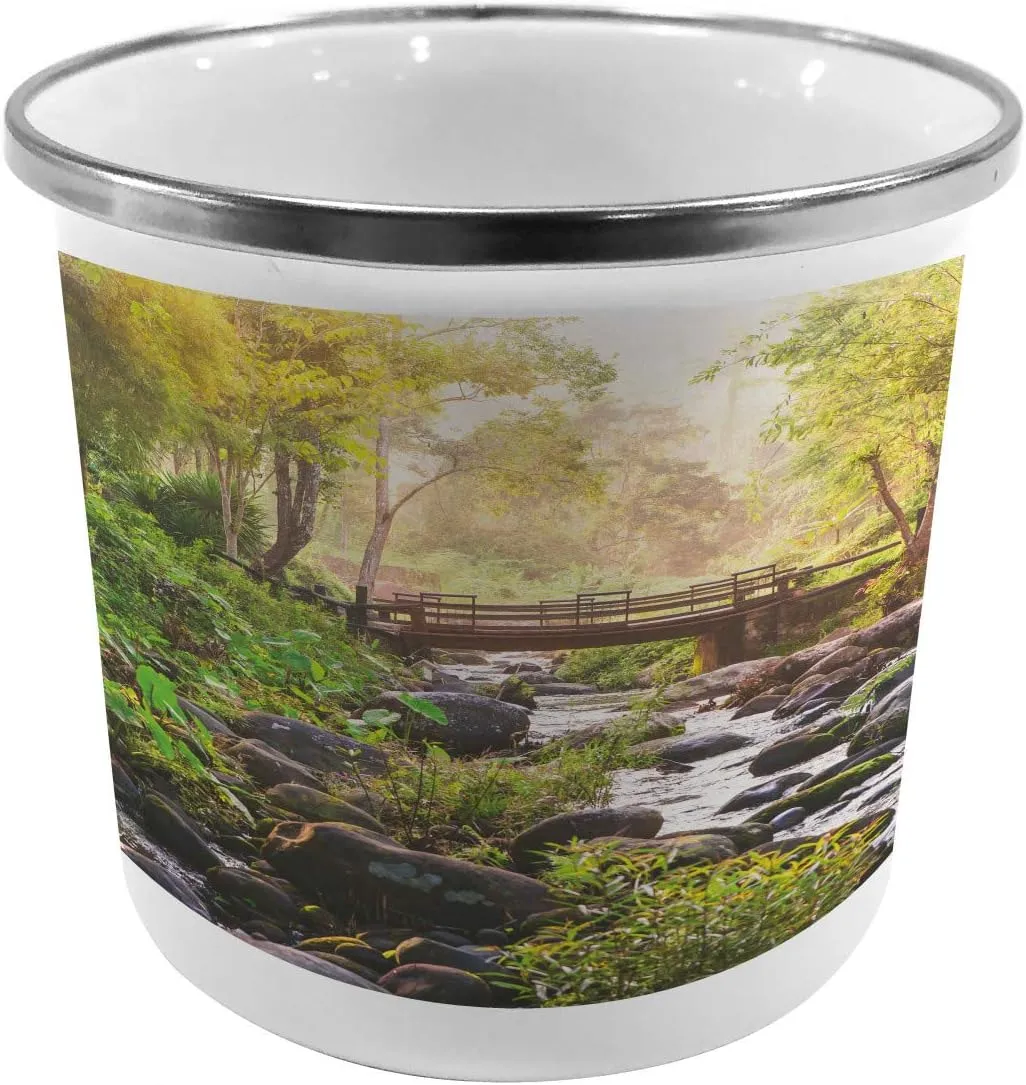 Lunarable Landscape Metal Camping Cup, Small Waterfall in Deep Forest Thailand Sunlight Morning Nature Scenery, Stainless Steel Mug for Indoor and Outdoor Activities, Green Grey Brown