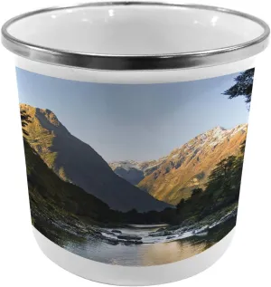 Lunarable Mountain Metal Camping Cup, Photo of Mountains with Snowy Peaks and Valley River Peace Nature, Stainless Steel Mug for Indoor and Outdoor Activities, Blue Grey Green