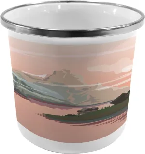 Lunarable Nature Metal Camping Cup, Lake Valley with Mountain Paint Forest River Rocks Landscape Image, Stainless Steel Mug for Indoor and Outdoor Activities, Olive Green Pale Pink