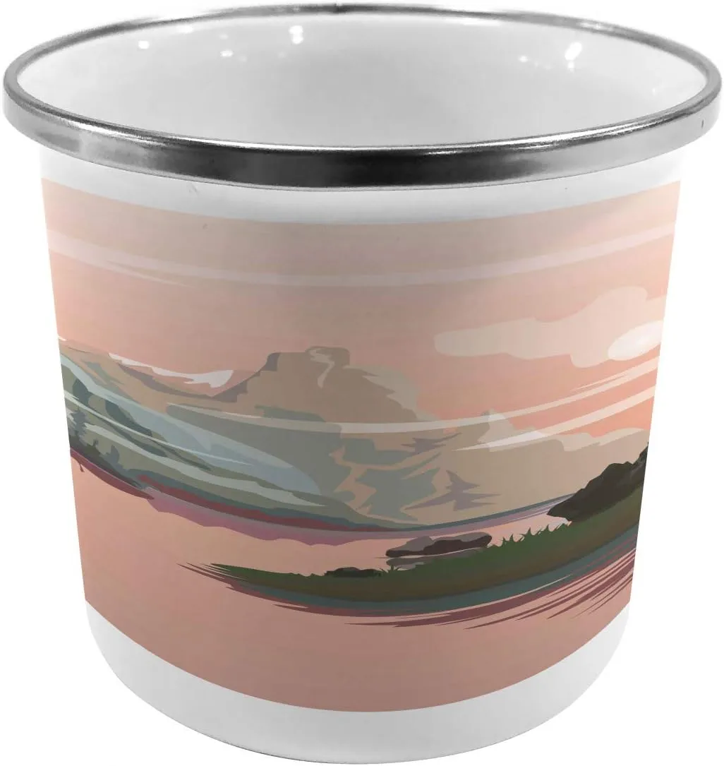 Lunarable Nature Metal Camping Cup, Lake Valley with Mountain Paint Forest River Rocks Landscape Image, Stainless Steel Mug for Indoor and Outdoor Activities, Olive Green Pale Pink