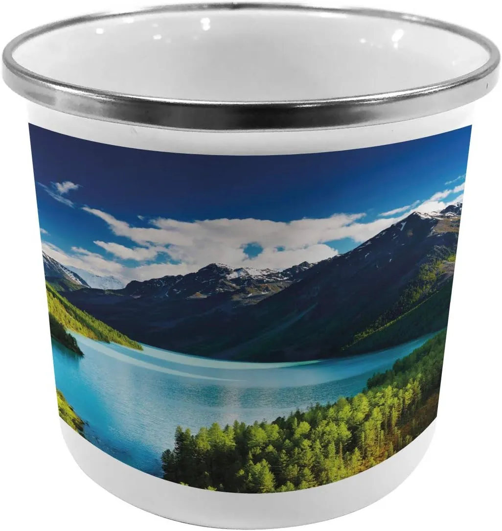 Lunarable Nature Metal Camping Cup, Mountain Range and Lake with Idyllic Pine Forest Cloud Sky Calm Landscape, Stainless Steel Mug for Indoor and Outdoor Activities, Blue Green