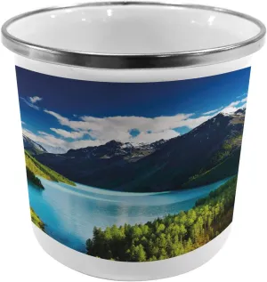 Lunarable Nature Metal Camping Cup, Mountain Range and Lake with Idyllic Pine Forest Cloud Sky Calm Landscape, Stainless Steel Mug for Indoor and Outdoor Activities, Blue Green